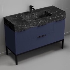 Modern Bathroom Vanity, Blue, 48 inch, Black Marble Style Sink, Free Standing